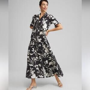🆕 SILK FLORAL Maxi Dress CHICO’S Black White Flare Sleeve NWOT pockets 20